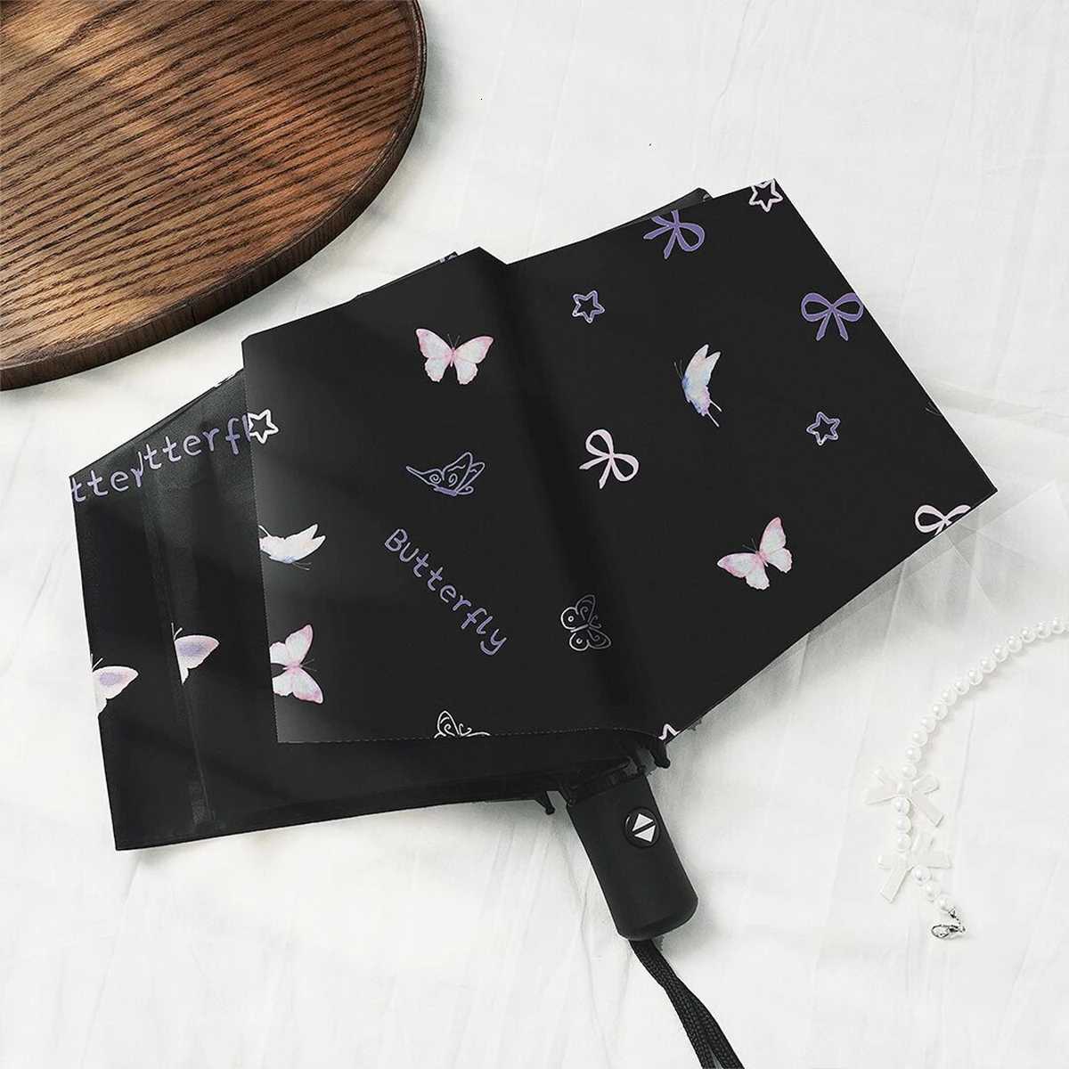 Automatic opening and closing umbrella for women cute butterfly folding umbrella windproof black coating UV resistant sunshade R250724