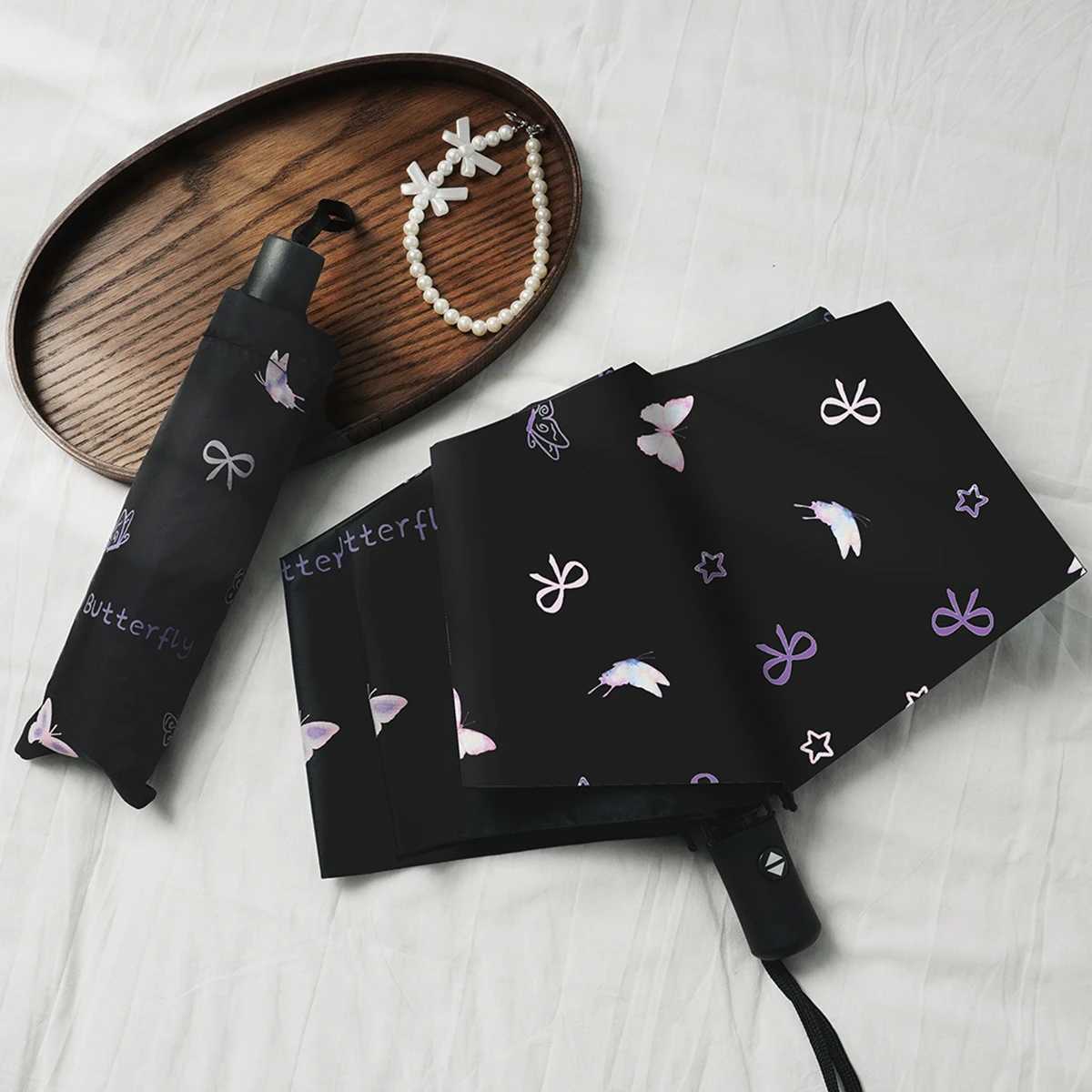 Automatic opening and closing umbrella for women cute butterfly folding umbrella windproof black coating UV resistant sunshade R250724
