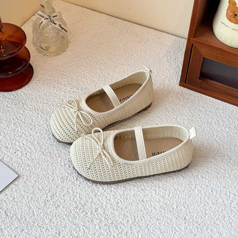 2025 Summer Children Flats Shoes Solid Weave Bow Breathable Girls Princess Shoes Shallow Soft Bottom Non-slip Kids Ballet Flats XJ250724