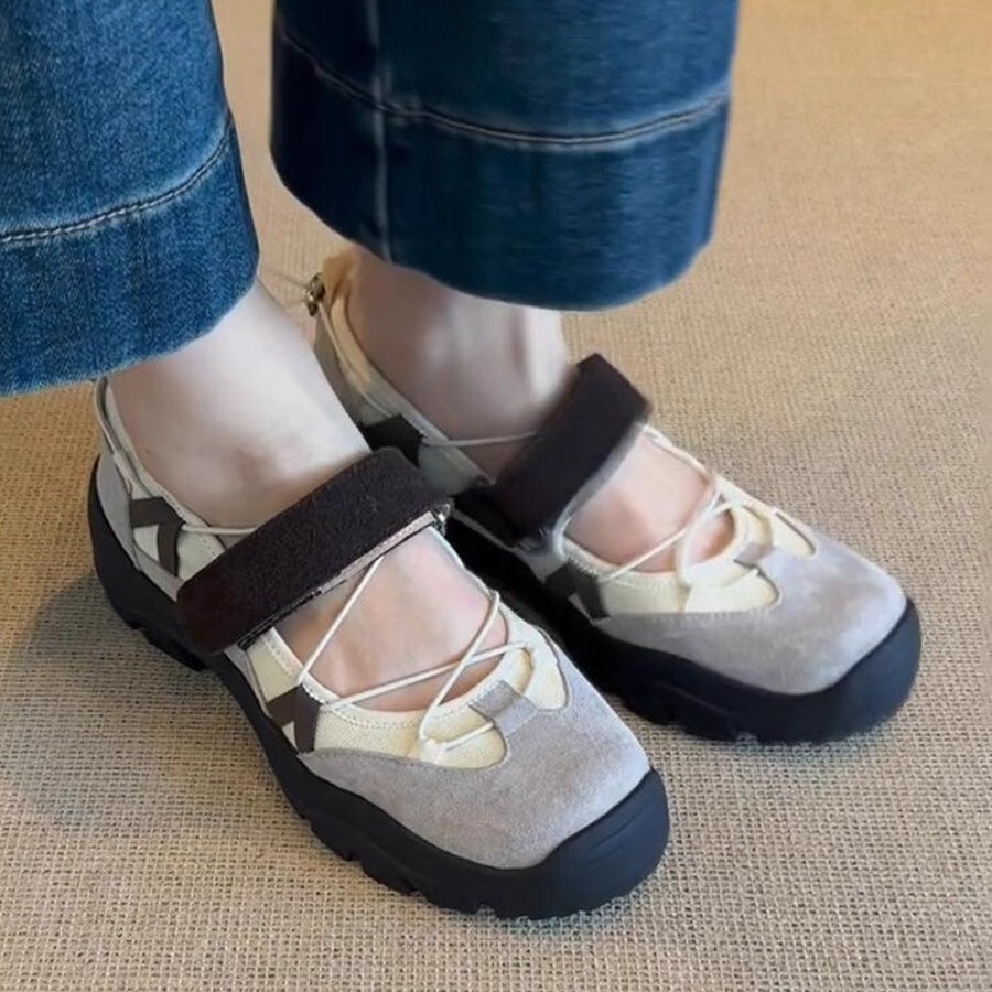 Cowhide Version ~ Thick-Soled Color-Block Sports Velcro Mary Jane for Women Genuine Leather Versatile Functional Style Single Shoes ddmythur
