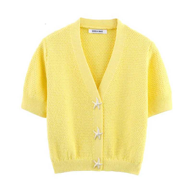 2025 New Summer Style Womens Cardigan Yellow Short-Sleeve Knitted Jacket with Star Button Decoration Casual Fashion X250724