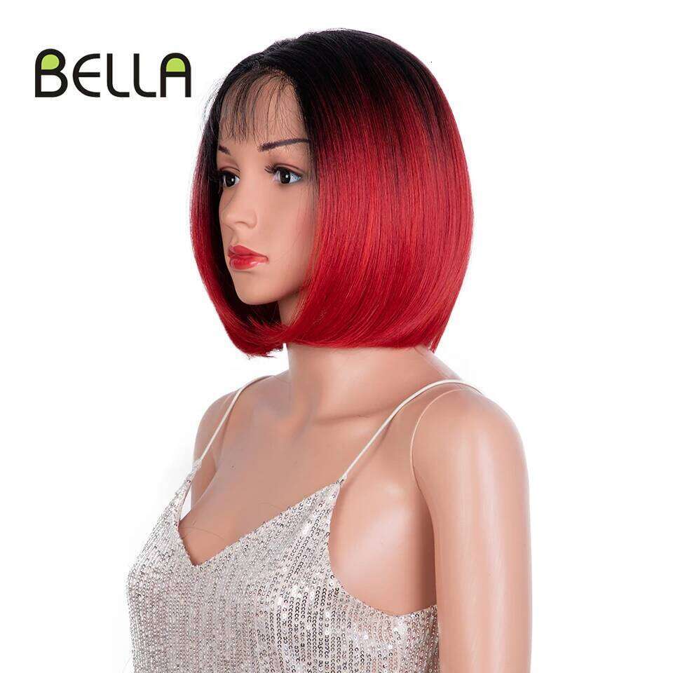 Bella Synthetic Lcae Front Short Bob Human Hair Cosplay Wig Ombre Red Color Heat Resistant For Black Women