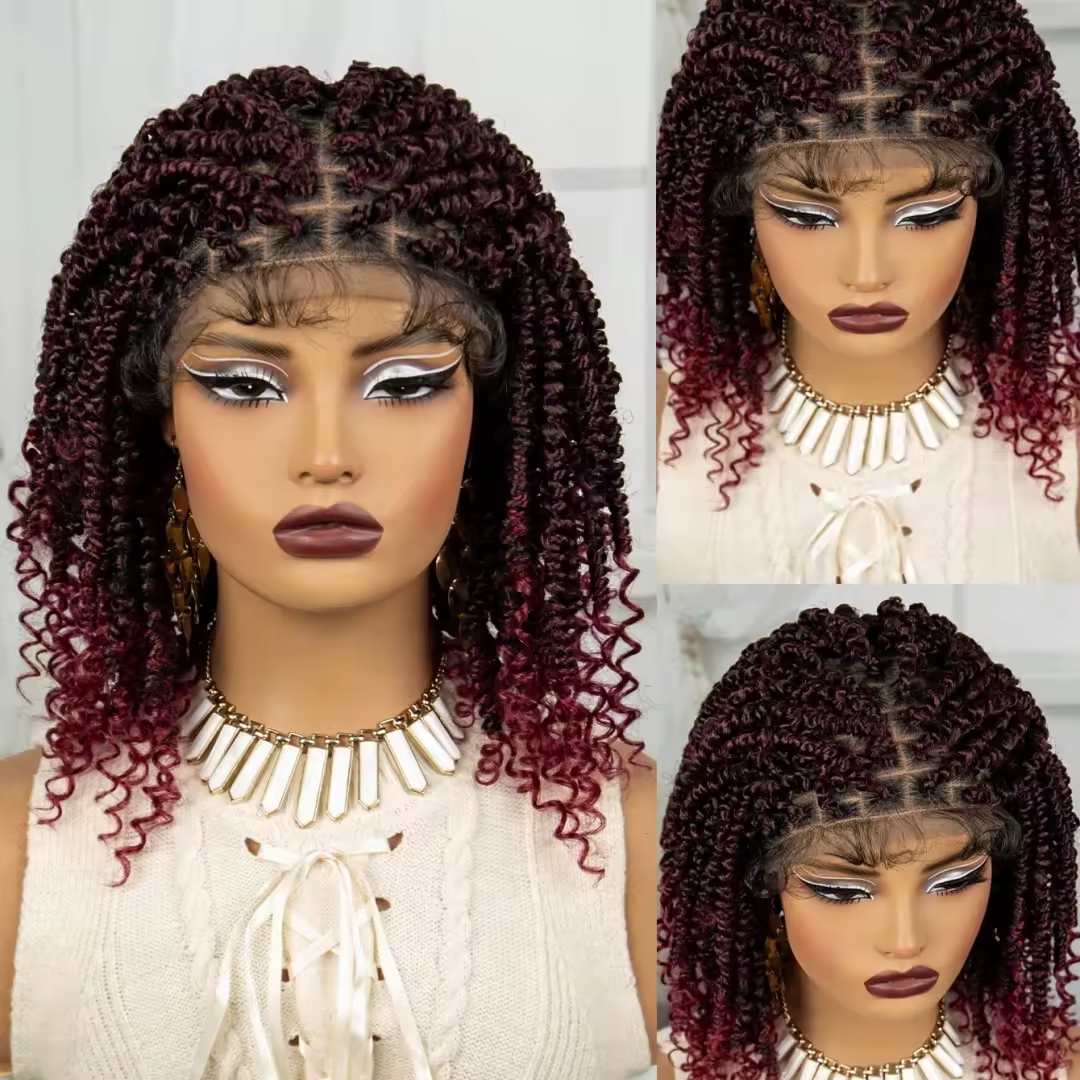 10 Inch Braids Wig Omber Blonde Look Like Human Bohemian Boho Wigs Braided Full Lace Front Wig Short Twist Braids Wig with Baby Hair Handmade Kinky Cu