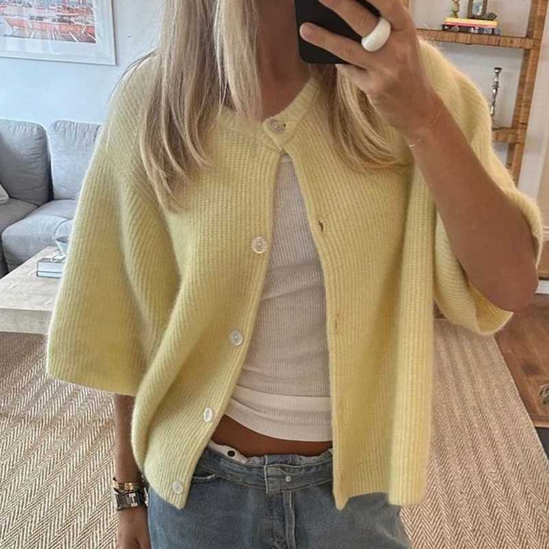 100% Cotton Yarn Y2K Vintage Loose Fit Button Up Knitted Sweater Women Short Sleeve Cardigans X250724