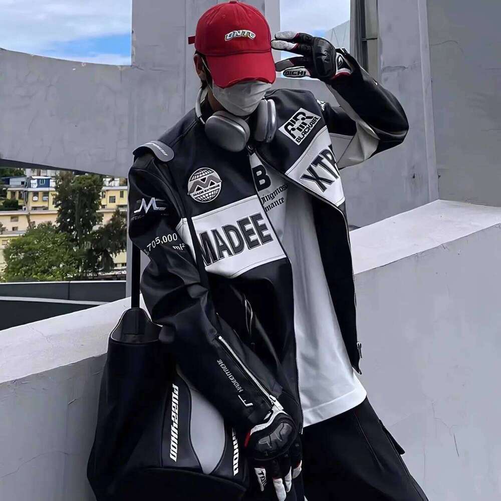 Women's Wear High Street American Retro Color Blocked Embroidered Motorcycle Leather For And Women Hip Hop Jacket Men Clothing
