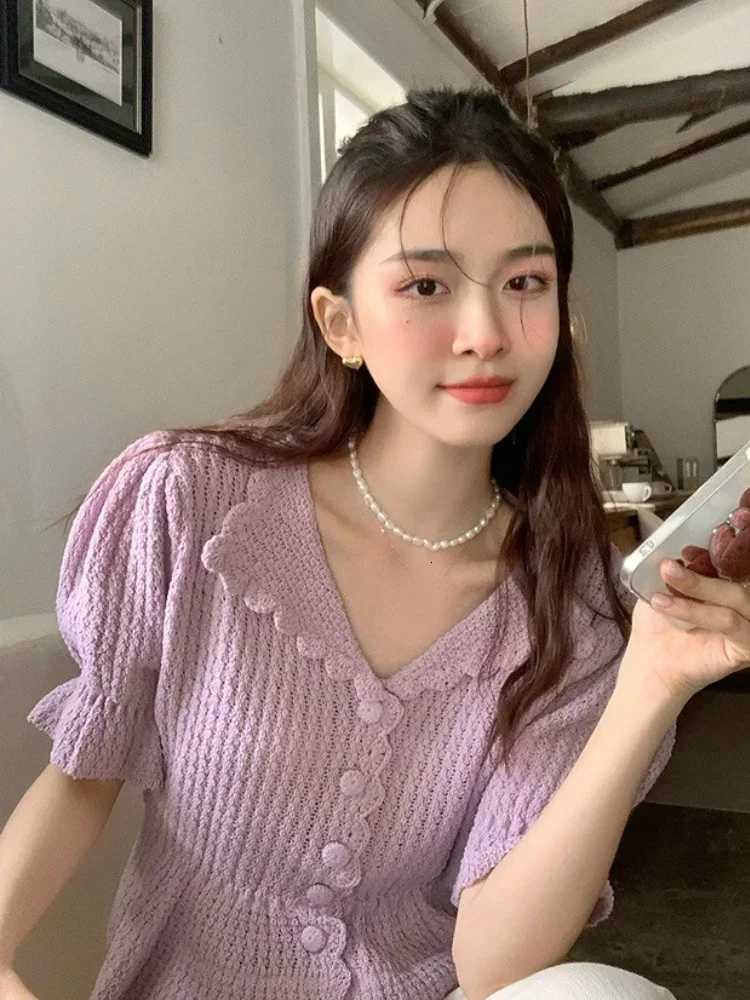 Woherb Knitted Turn Down Collar Cardigan Womens Y2k Short Sleeve Sweater Pull Femme 2025 Womens Fashion Korean Solid Tops X250724