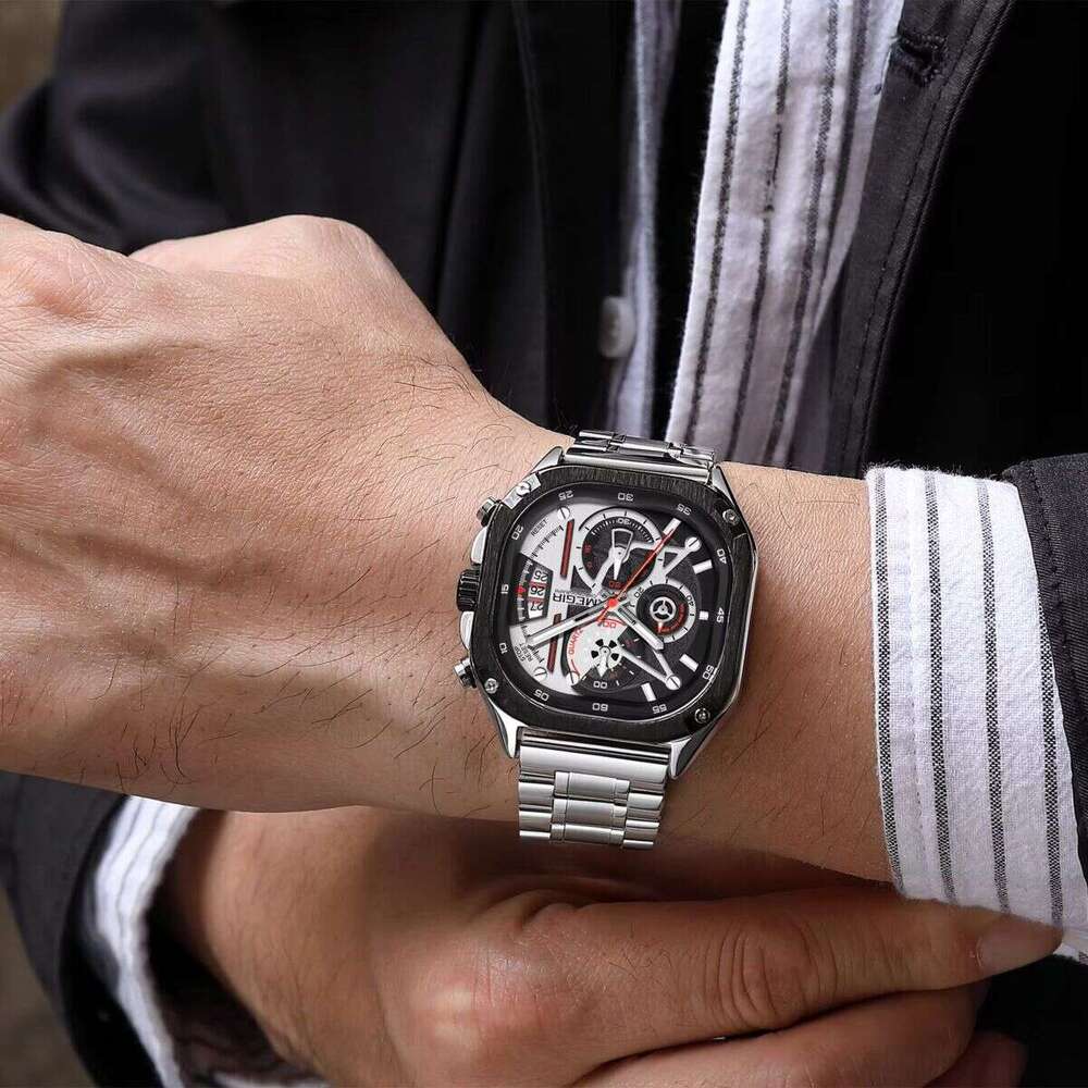 DHwatches MEGIR Men's Square Watch - Digital-Analog Display, Luminous, 30M Waterproof, Stainless Steel, Multifunction Wristwatch