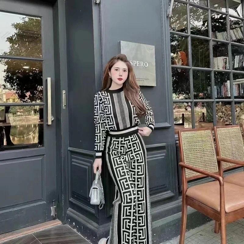 Women's Tracksuits 2025 Fashion Maze Pattern Printed Knitted Top Wide Leg Pants Women Casual Set Two Piece Comfortable Breathable TUES