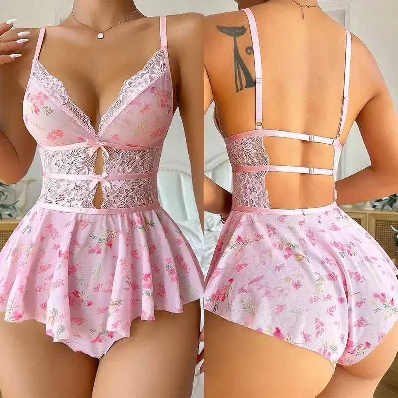 Sexy Crotchless Lingerie Women Lace Hollow Bodysuit Exotic Pajamas Teddy Babydoll Dress Deep V Open Bra Porno Underwear Set W250724