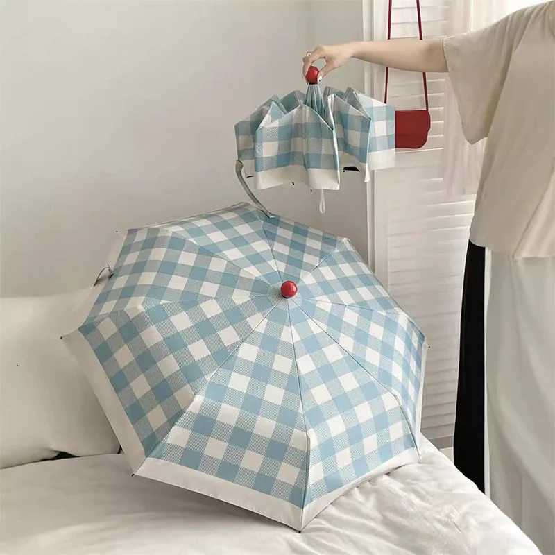 Ins Blue Grid Umbrella UV Protection Sunshade Umbrella Folding Umbrella Womens Rainproof and Sun Protection Dual-use Automatic R250724