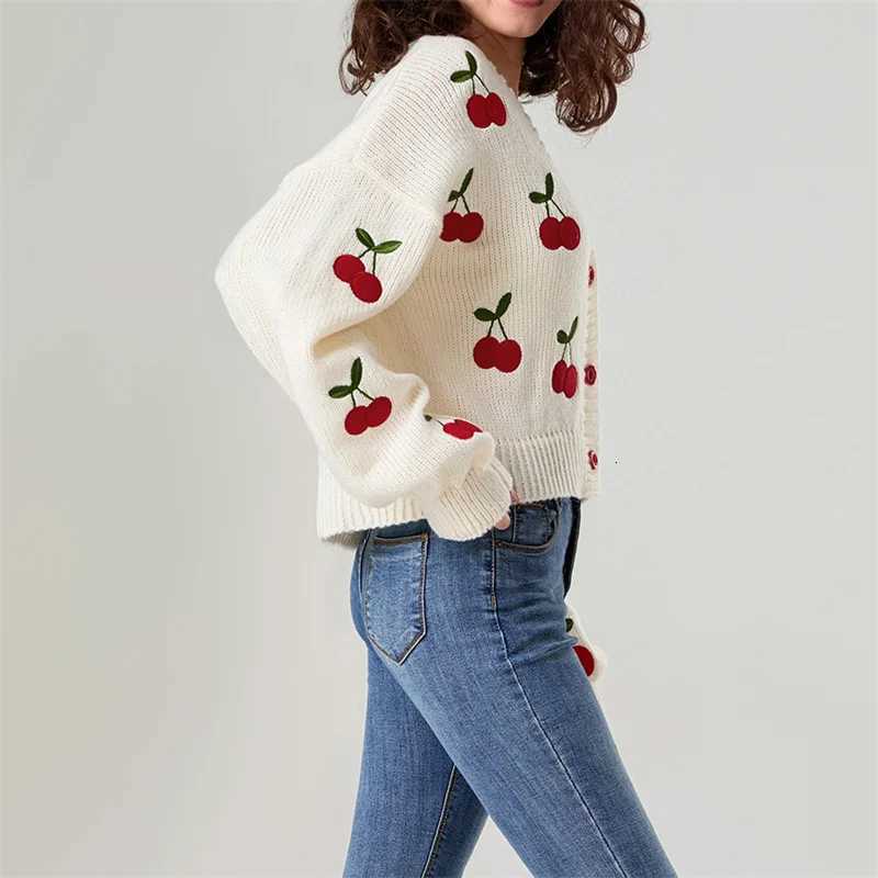 2024 Winter Fashion Patchwork Long Sleeve Short Cardigan Women Y2K Embroidery Cherry Cardigan Street Casual Knitwear Sweater X250724
