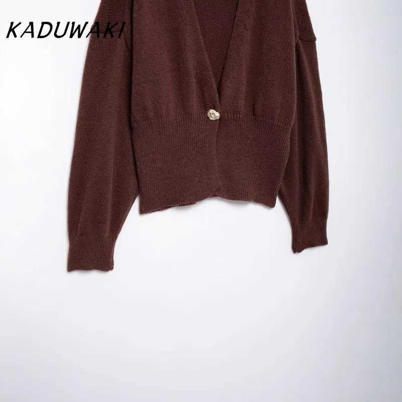 KADUWAKI European Classic V-neck Long-sleeved Brown-red Cardigan Fashion Retro One-button Versatile Knitted Sweaters Womens Short Sleeve Knit X250724