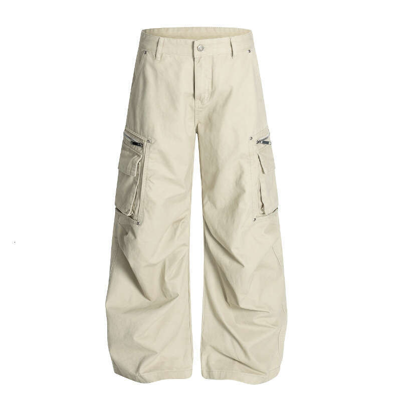 American High Street Large Pocket Zipper Cargo Wide Leg Three-Dimensional Cut Straight Loose Trendy Men's Pants