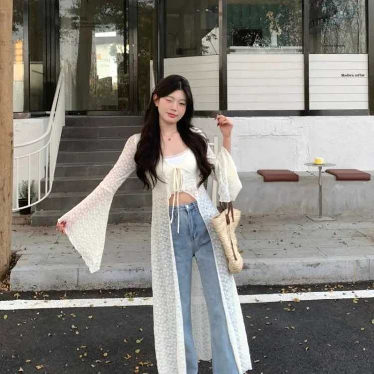 2025 Summer New Lace Oversized Cardigan Y2k E-Girl V-neck Up All-match Shirts Women Mid-length Long Sleeve Tops X250724