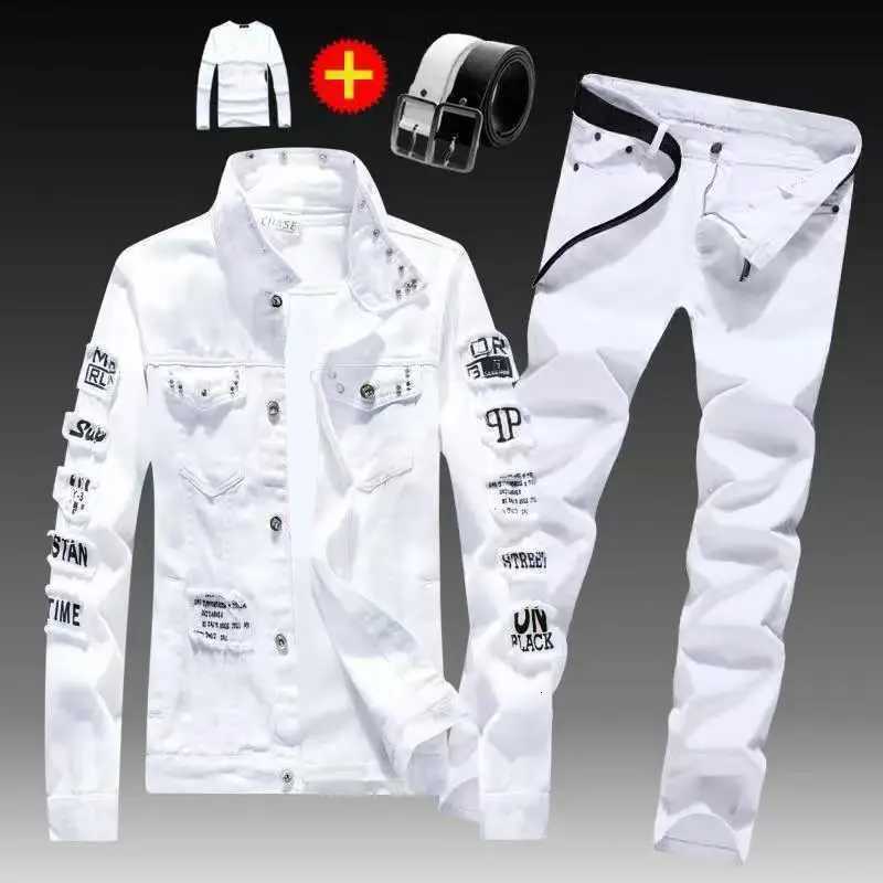 Spring Autumn Mens Denim Jacket + Jeans Pants Set Fashion Single Breasted Coat Trousers Two Piece Denim suit X250228