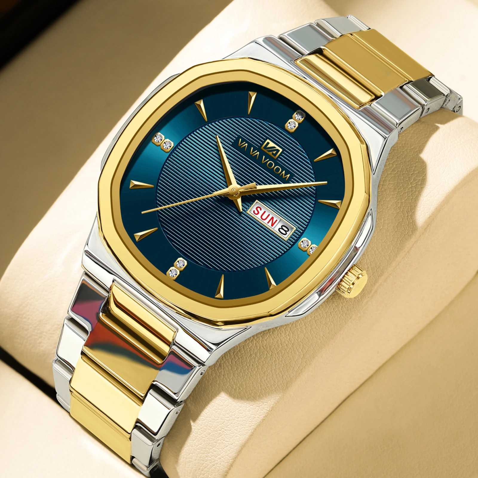 VA VOOM Brand Men Rhinestone Watches Gold Luxury Stainless Steel 3Bar Waterproof Quartz Movement 41mm Business Watch for Men W250724