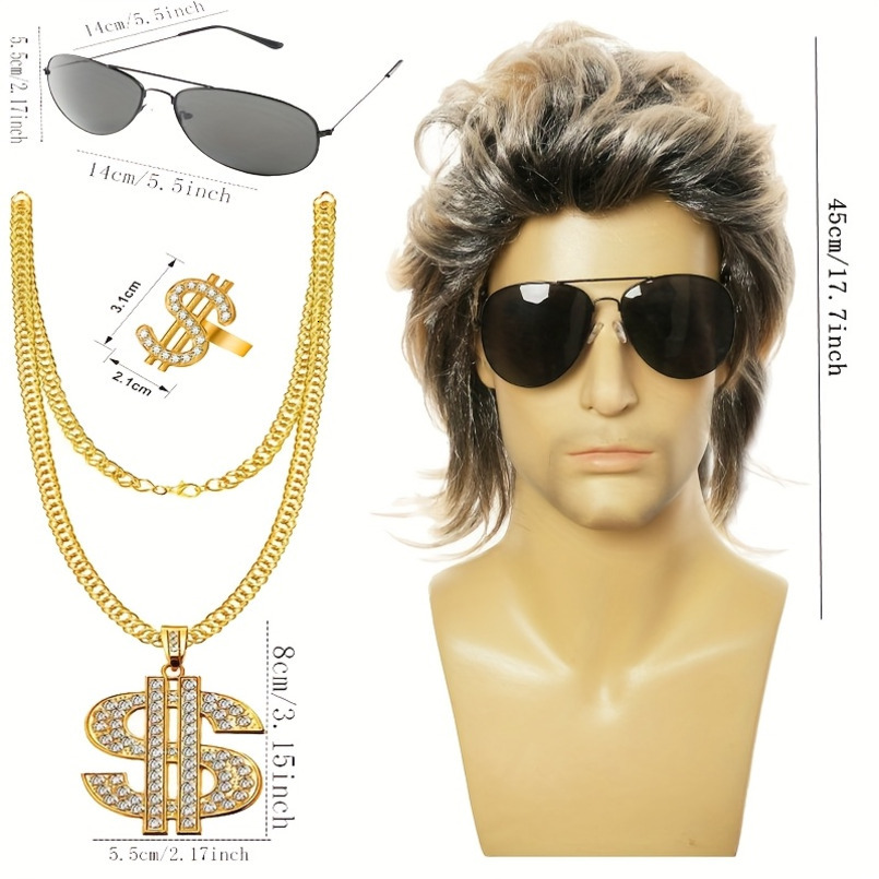 Punk Rock Hip Hop Trend, Dollar Ring, Necklace, Glasses Four-Piece Set, Fashion Wig, Disco Style, Parties, Dance, Suitable for All Genders, Beige, Fes