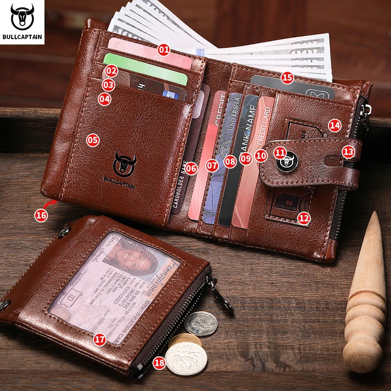 BULLCAPTAIN Mens Genuine Leather Wallet Business Retro Snap Wallet Multifunctional RFID Anti-Theft Zipper Multi-Card Coin Purse 250723