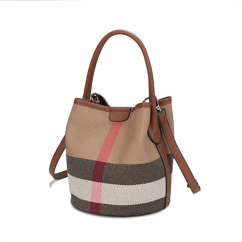 New High-End Plaid Genuine Leather Bucket Mother Fashion Versatile Women's Handbag Shoulder Crossbody Bag