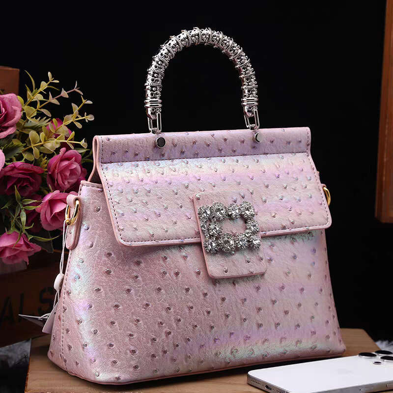 Designer Luxury Evening Diamond 2025 New High-End Women's Elegant Ostrich Pattern Diamond-Studded Evening Bag Wide