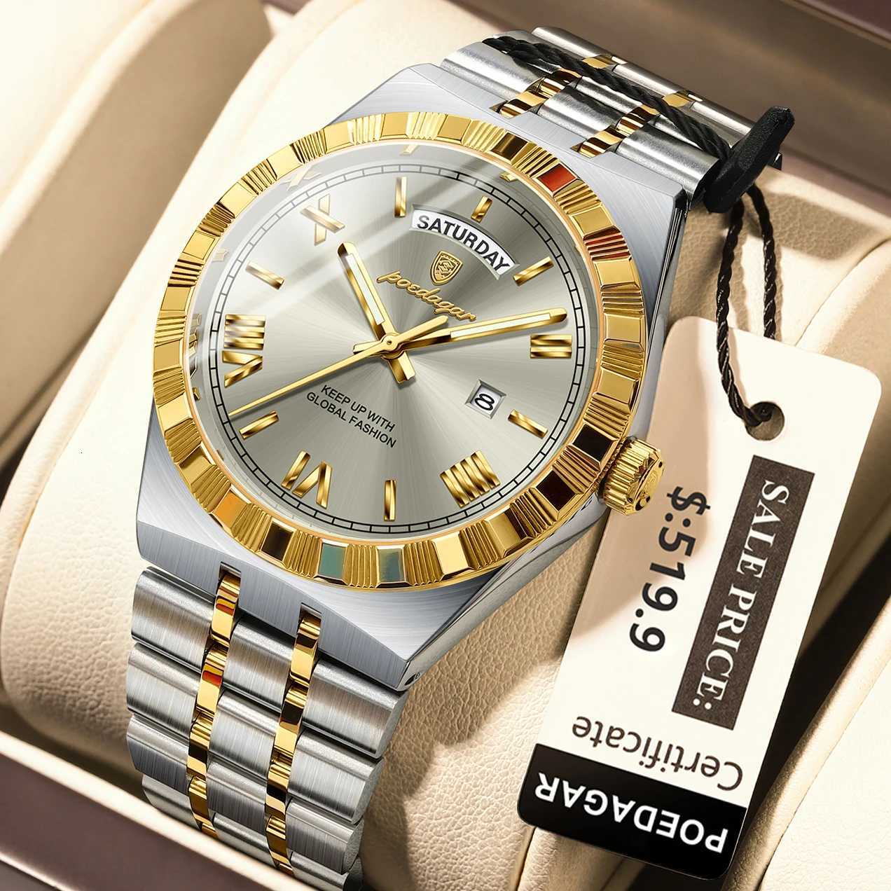 POEDAGAR Luxury Business Man Watch Week Date Waterproof Luminous Watches For Men Stainless Steel Quartz Mens Fashion Wristwatch W250724
