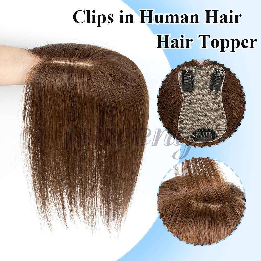 isheeny 7x11cm Brown Human Topper 8-14 inches Natural Seamless Scalp Hair Pieces No Bangs Middle Part for Women