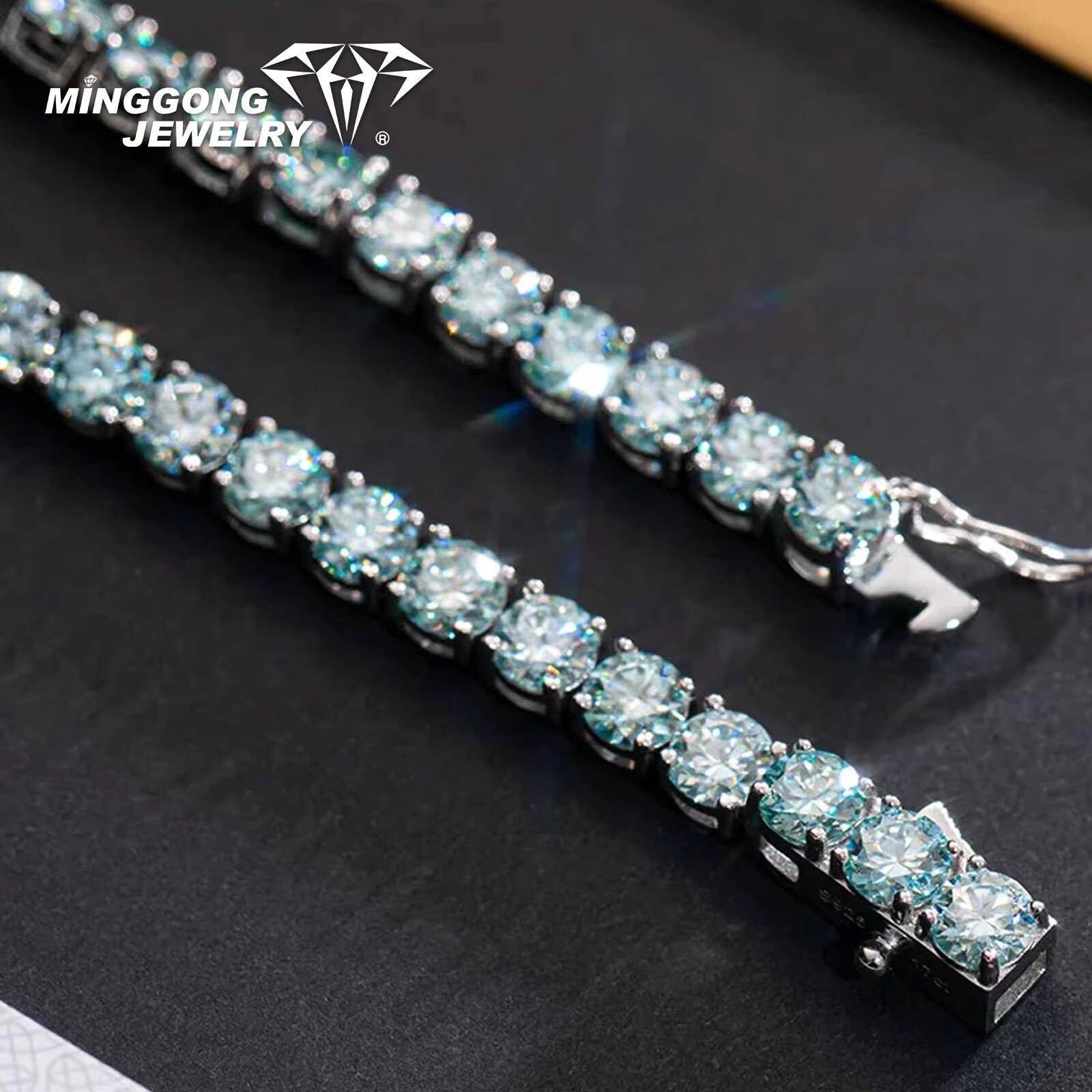 High Quality 925 Blue Moissanite Diamond Tennis Chain Hip Hop Style Necklace Factory Direct 100% Diamond Test Passed Product