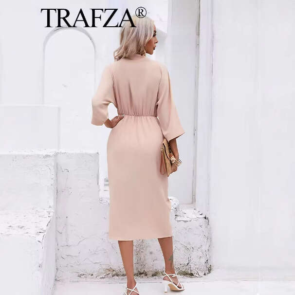TRAFZA Spring New V-Neck Slim Pleated Dress B5