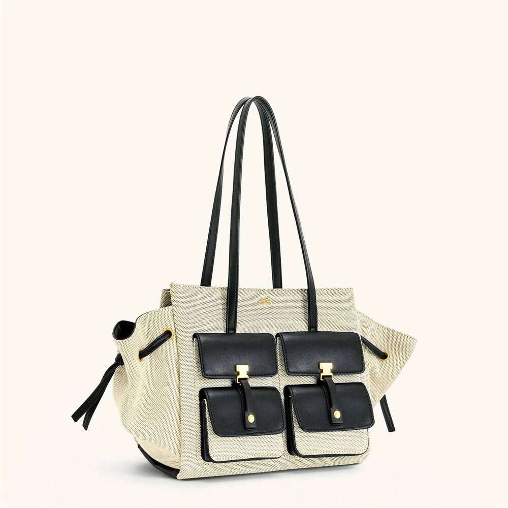 JW Pei New Canvas Black Motorcycle Style Tote Bag Women's Large Capacity Crossbody Purse for Commuters Underarm Shoulder Handbag
