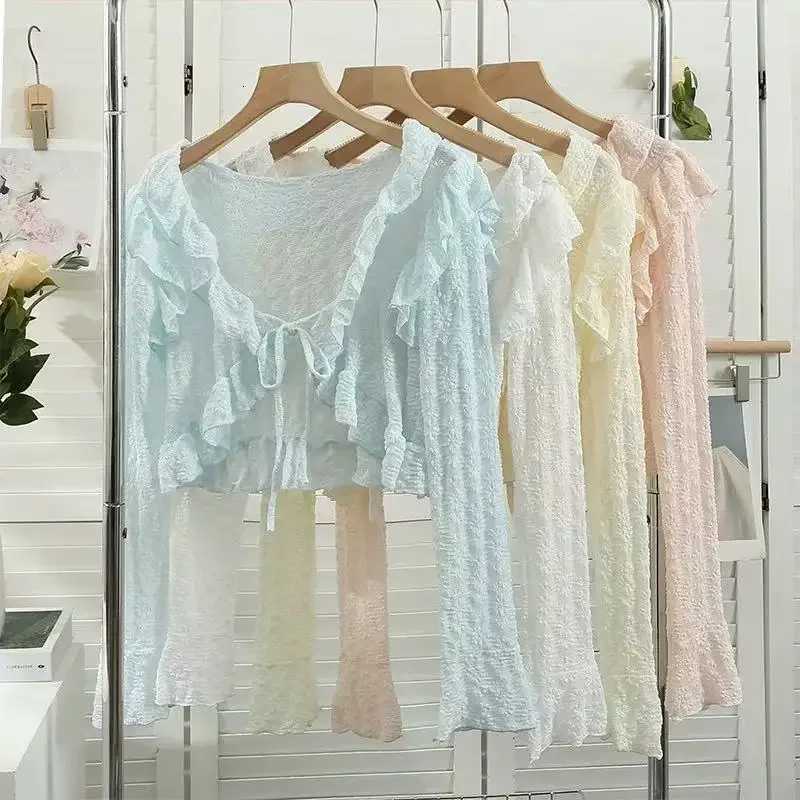 French Swt Ruffles Women Thin Cardigan Summer Lace Patchwork Chiffon Cropped Top Fashion V Neck Lace Up Sun Protection Blouse X250724