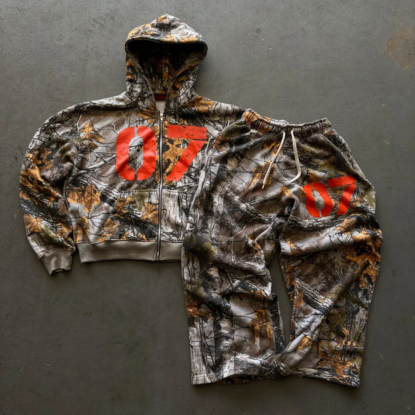 Casual Loose Camouflage Harajuku Pattern Set for Men Autumn and Winter Digital Leaf Pattern Zipper Hoodie Gothic Casual Pants 250717