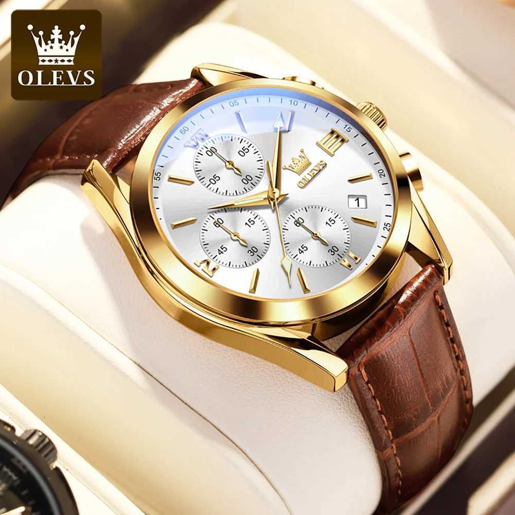 OLEVS 2872 Chronograph Mens Wristwatches Leather Strap Waterproof Luminous Original Quartz Watch for Men Luxury Sport Man Watch W250724