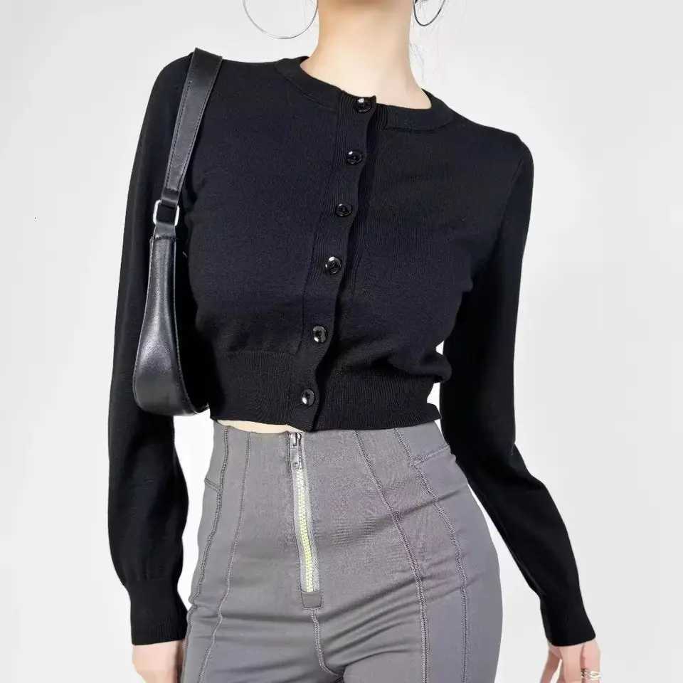 2024 American Retro Button Through Pointelle Knit Cardigan Sweater for Women O Neck Full Sleeve Cropped Knitwear White X250724