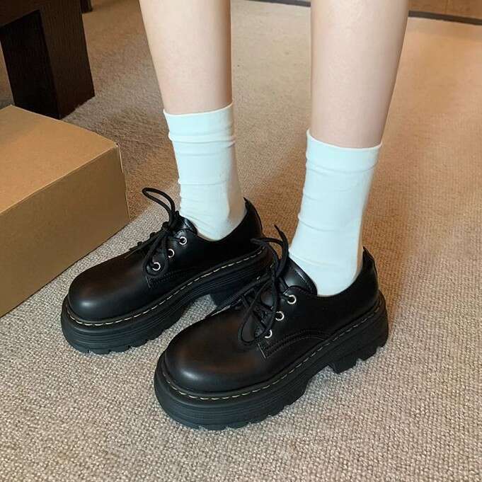 Designer British Style Women's Comfortable Thick-Soled Large-Toe Shoes with Front Lace-Up for Petite Height Increase Loafers