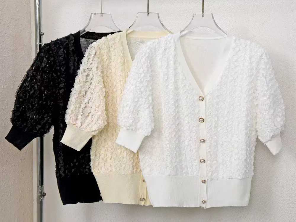 Summer V Neck Single Breasted Swt Cardigan Womens Clothing Lace Patchwork Fashion Sweater Korean All Match Short Sleeve Tops X250724