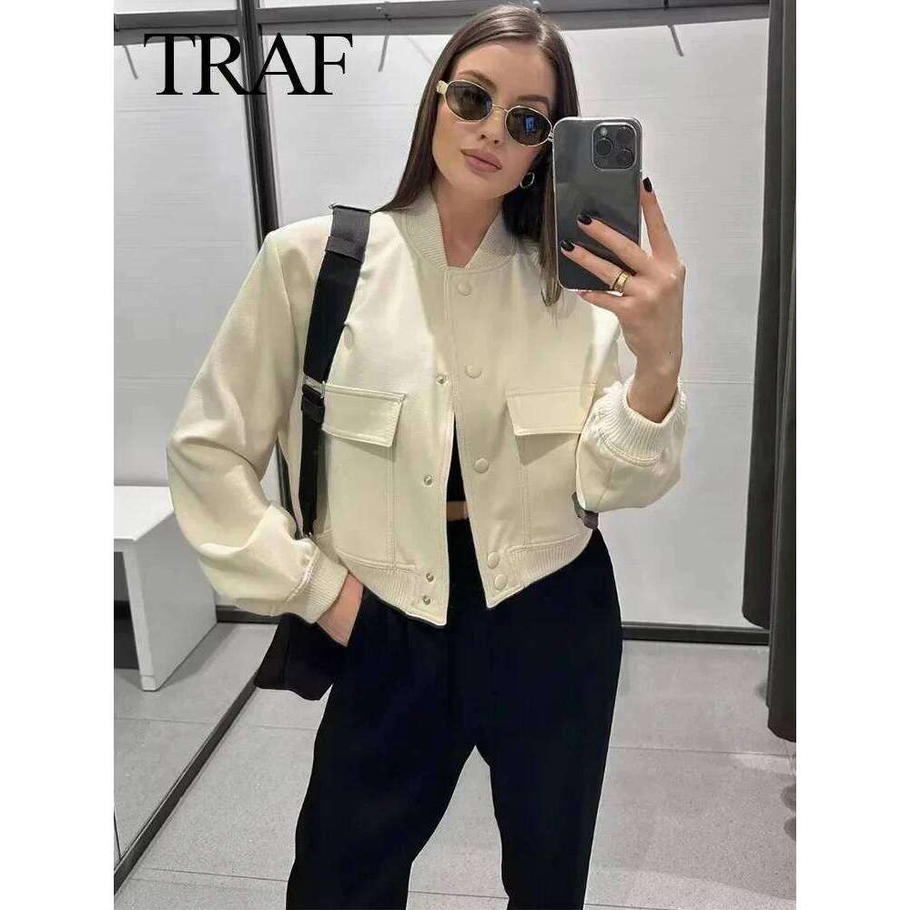 TRAFZA Women Vintage Solid Long Sleeve Bomber Jacket Casual Coats Streetwear Female Elegant Lapel Zipper Jakcet