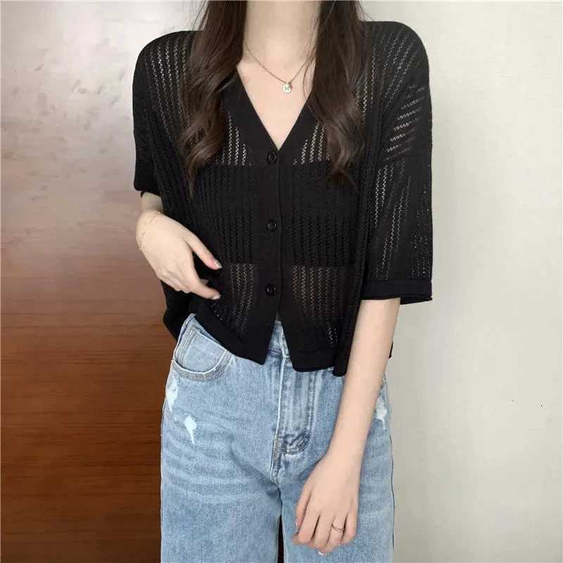 5 Neck Hollow Cardigan Women Summer Thin Short Sleeve Knitted Sun Protection Tops Korean Style Preppy All Match Crop Tops X250724