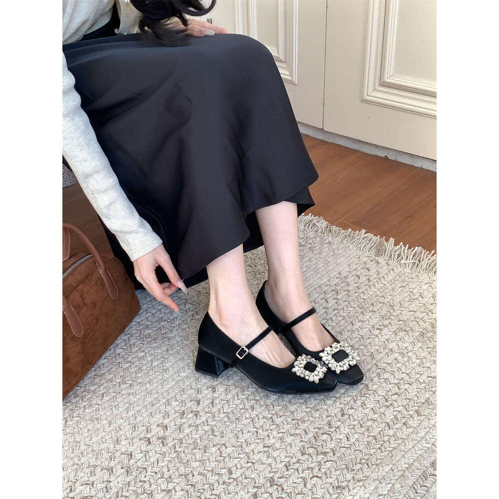 Designer Spring New High Heels for Women, Outdoor Wear, High-End Rhinestone Square Buckle Mary Jane Shoes, Soft Sole Women's Shoes