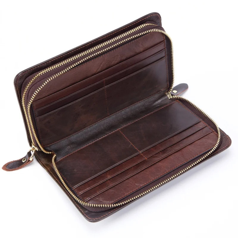 Mens Long Handbag Business Vintage Cow Leather Man Wallet Long Wallet For Man Oil Wax Double Zipper Bag Male Purse 250723