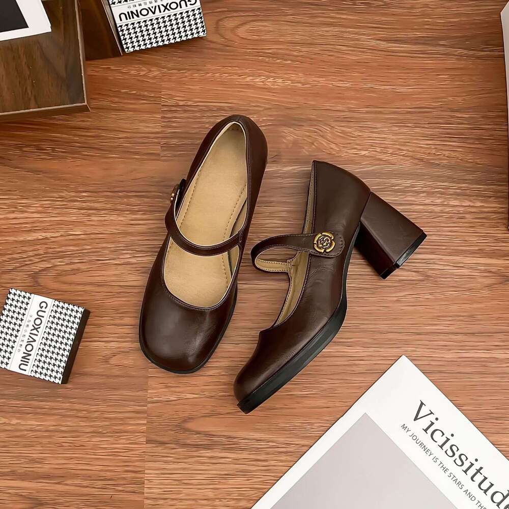 2025 High Heels for Women, Chunky Heel, High-End French Style Single Shoes, Camellia Waterproof Platform, Comfortable Soft Sole Women's Shoes