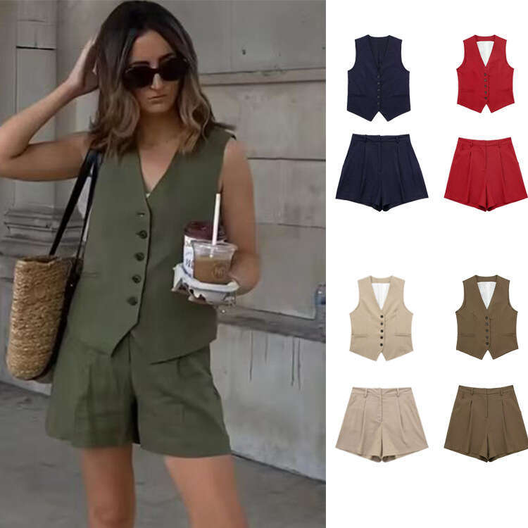 Workwear Spring Summer New Women's Linen Vest + Shorts Set B5