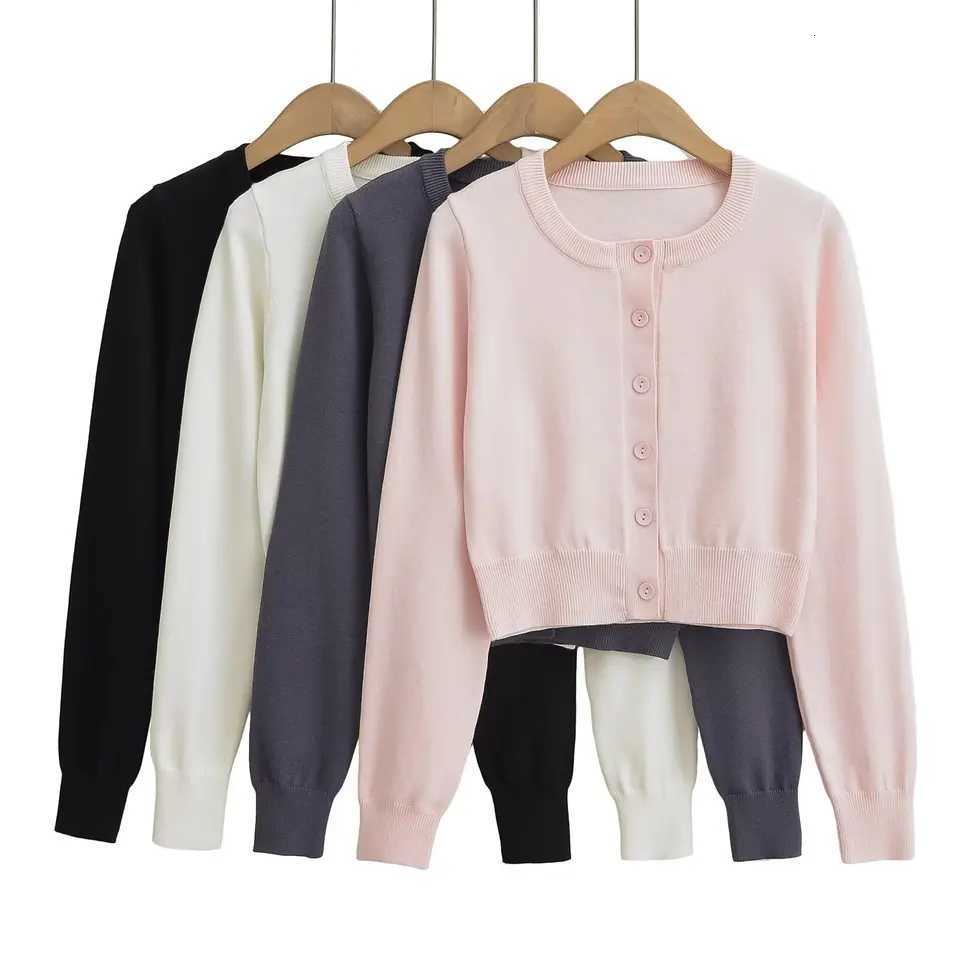 2024 American Retro Button Through Pointelle Knit Cardigan Sweater for Women O Neck Full Sleeve Cropped Knitwear White X250724