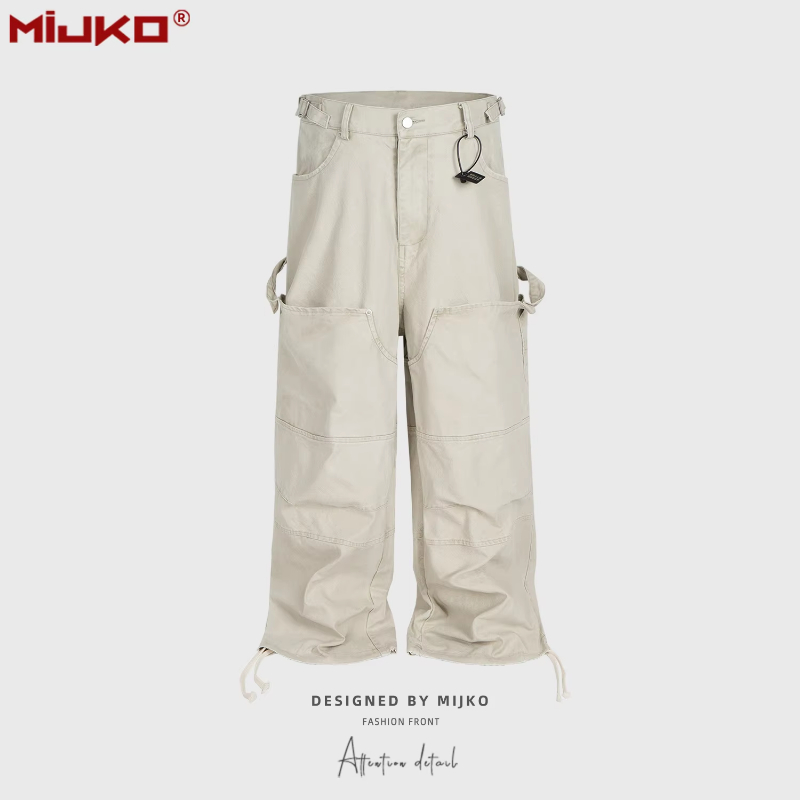 MIJKO Streetwear Knee Pleated Silhouette Baggy Cargo for Men Solid Straight Casual Trousers Oversized Multipockets Pants Z260315