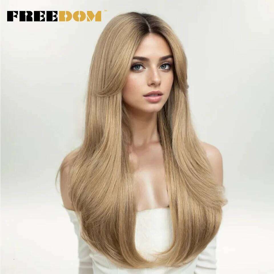 Synthetic Front For Women Straight Lace With Bangs Ombre Brown Human Hair Highlight Blonde Wigs Cosplay Wig