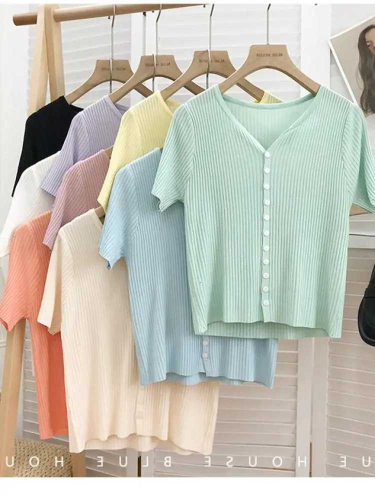Thin Cardigan for Women Summer Cropped Cardigan Button V Neck Short Sleeve Knitted Top Slim Sweater Tops Womens Knitwear 2024 X2507241