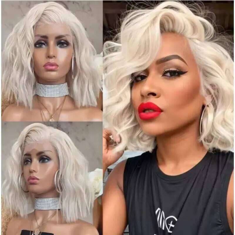 Ombre White for Women Short Wavy 12 inch Synthetic Middle Part Heat Resistant Fiber Natural Soft Loose Wave Wig