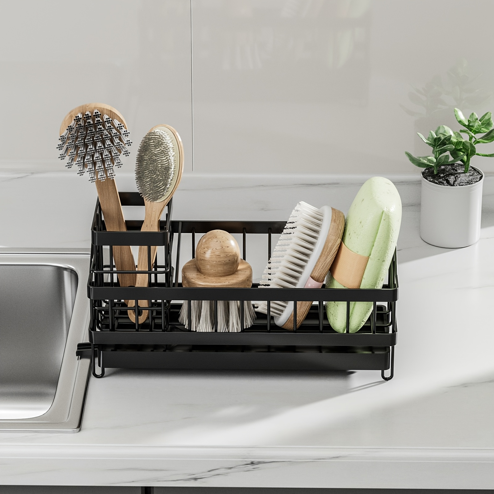 2-in-1 Kitchen Sink Organizer (9.5") Sponge Holder with Soap Dispenser Tall Brush Stand Rustproof ABS Plastic with Non-Slip Base Black Countertop