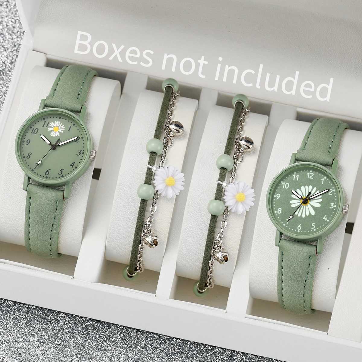 4PCS/Set Fashion Green PU Leather Strap Flower Quartz Watch with Bracelet (Box not Included) W250724