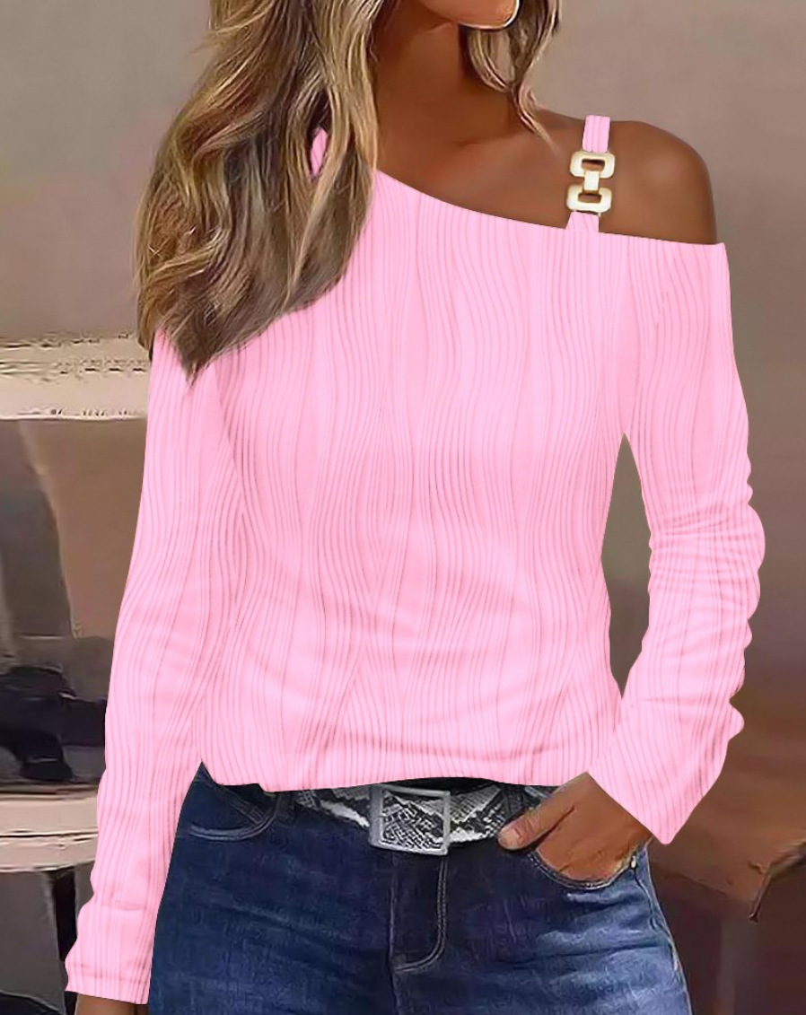 Spot goods Women's Long Sleeve T-Shirt - Elegant Off Shoulder Top for Spring & Autumn, Casual Print Design