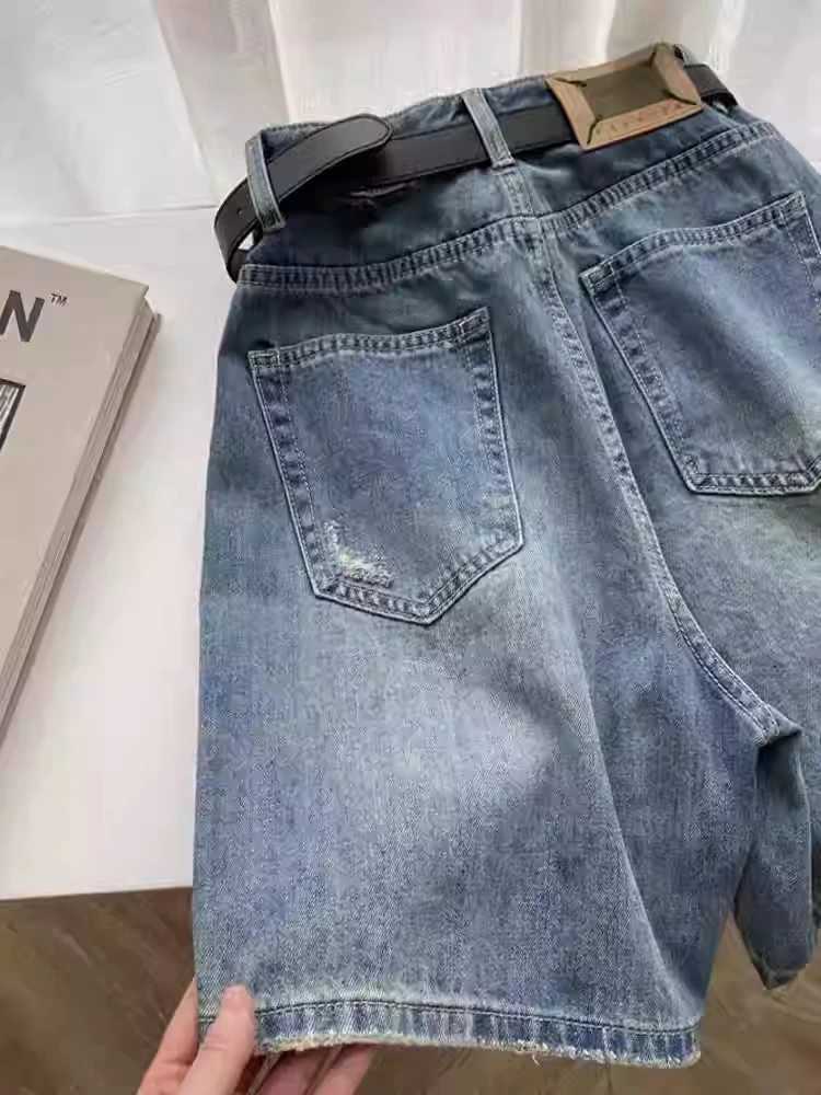S-4XL Holes Women Short Denim Pants 2025 New High Waist Summer Wide Leg Pants Zipper Fly Casual Female Jeans Shorts Z250724